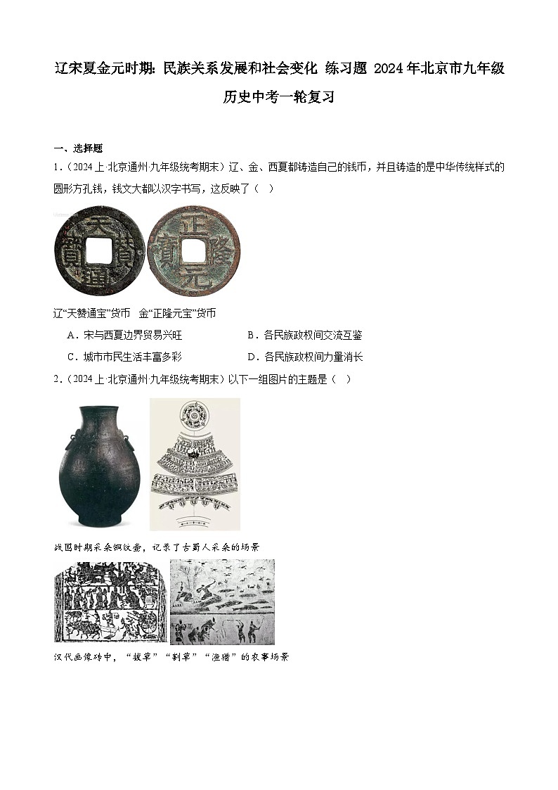 辽宋夏金元时期：民族关系发展和社会变化 练习题（含解析） 2024年北京市九年级历史中考一轮复习01