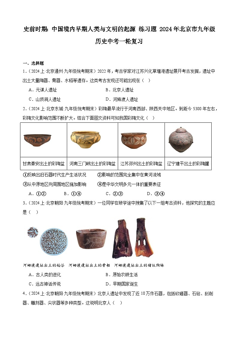 史前时期：中国境内早期人类与文明的起源 练习题 （含解析）2024年北京市九年级历史中考一轮复习第1页