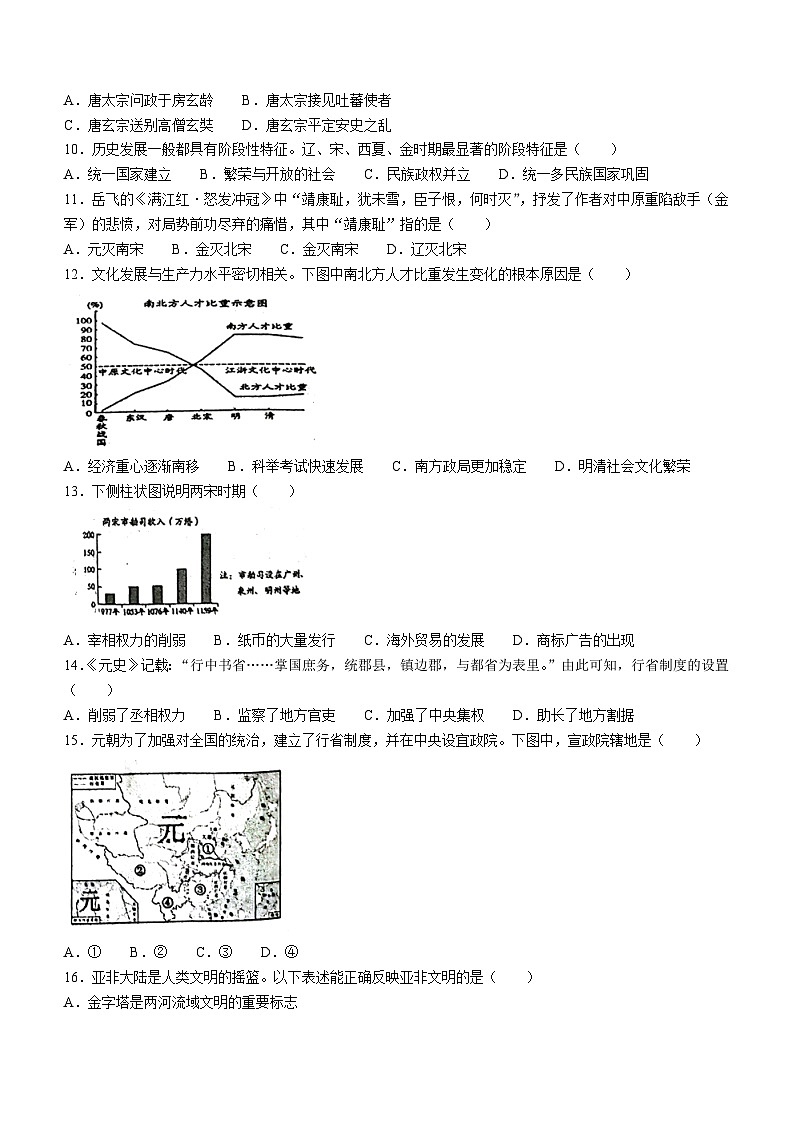 江苏省泰州市兴化市2023--2024学年部编版九年级下学期期历史开学质量检测题(无答案)02