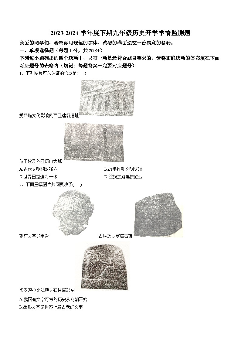 河南省驻马店市汝南县三门闸乡天中山中学2023-2024学年九年级下学期开学历史试题(无答案)第1页