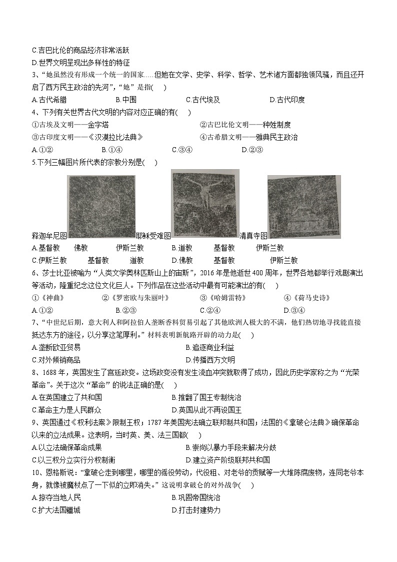 河南省驻马店市汝南县三门闸乡天中山中学2023-2024学年九年级下学期开学历史试题(无答案)第2页