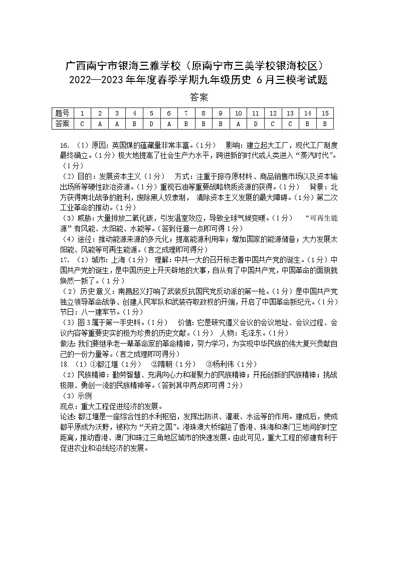 2023学年广西南宁市银海三雅学校（原南宁市三美学校银海校区）中考三模历史试题01