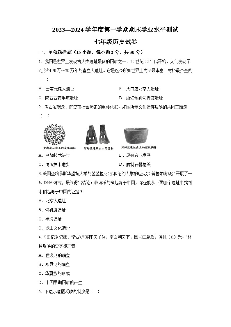 辽宁省葫芦岛市实验中学2023--2024学年部编版七年级 历史上学期期末考试题（含解析）01