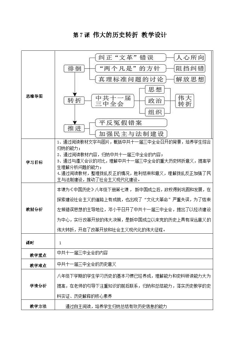 第7课 伟大的历史转折 教案 部编版八年级历史下册01