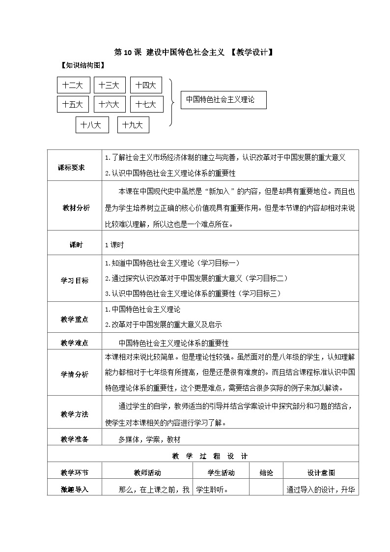 第10课 建设中国特色社会主义 教案 部编版八年级历史下册01