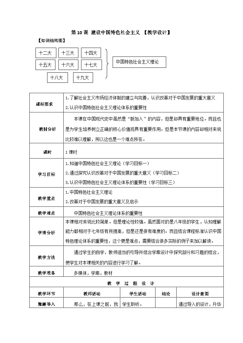 第10课 建设中国特色社会主义 教案 部编版八年级历史下册01