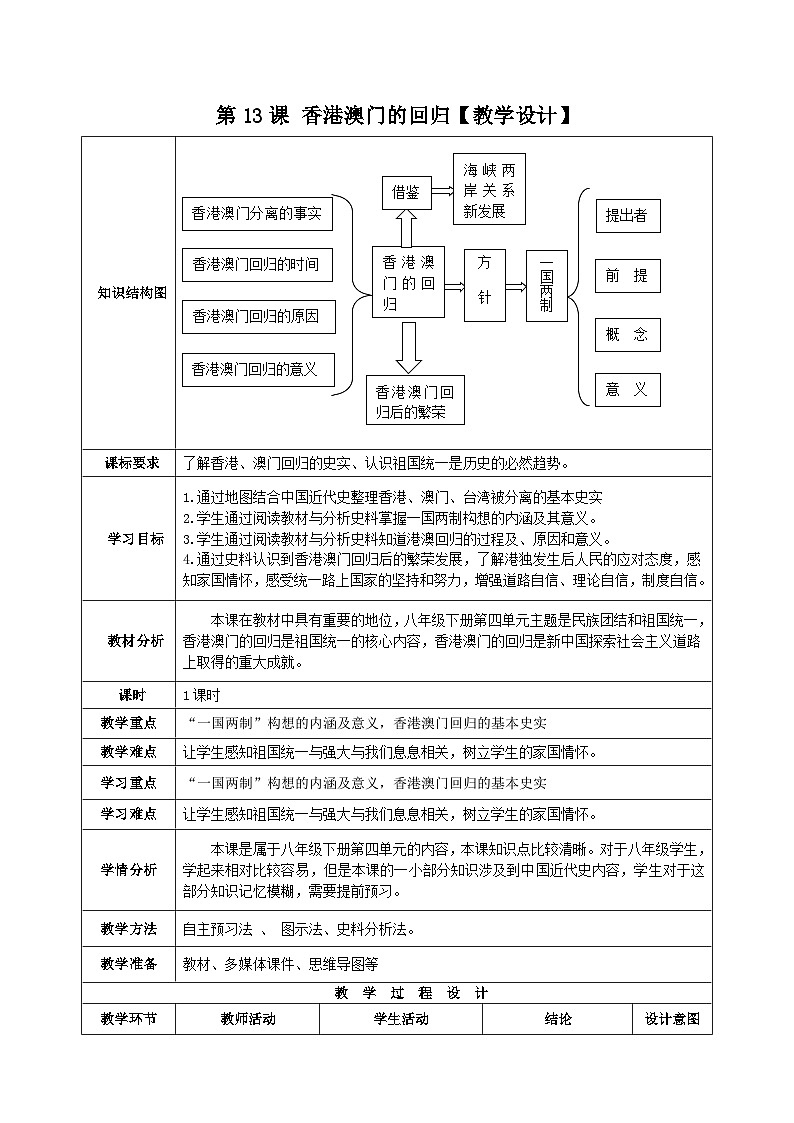 第13课 香港澳门的回归 教案 部编版八年级历史下册01
