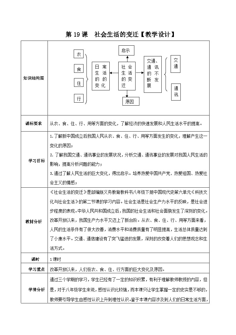 第19课 社会生活 教案 部编版八年级历史下册01