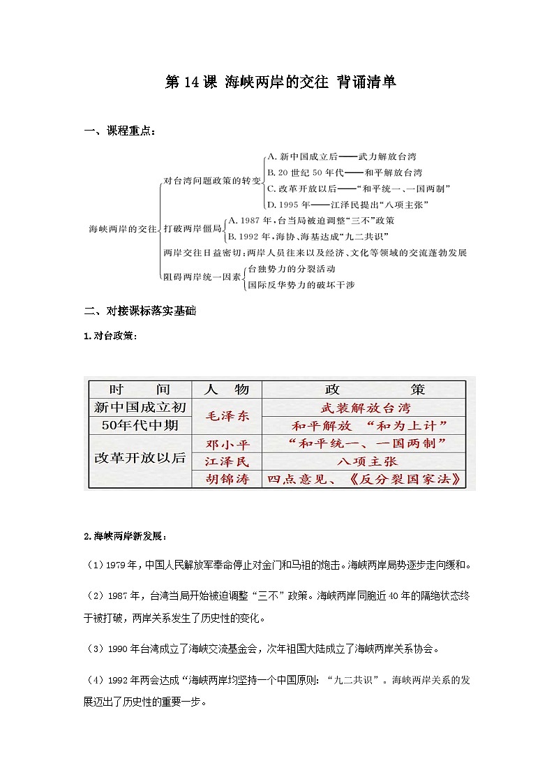 第14课 海峡两岸的交往 背诵知识清单 部编版八年级历史下册第1页
