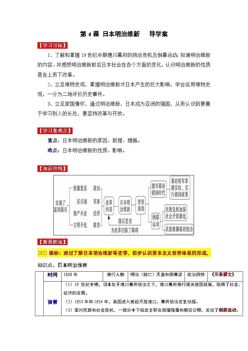 第4课  日本明治维新（导学案）九年级历史下册同步备课系列（部编版）01
