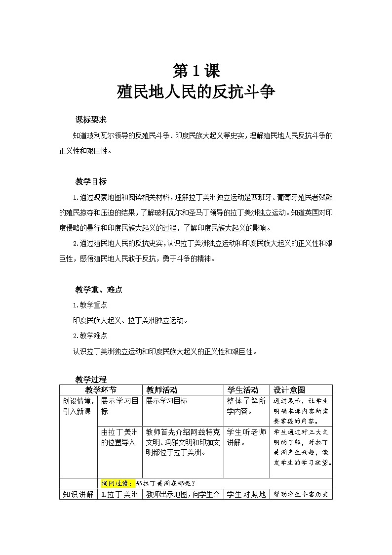人教部编版九年级下册历史第1课 殖民地人民的反抗斗争 教案（表格式）01