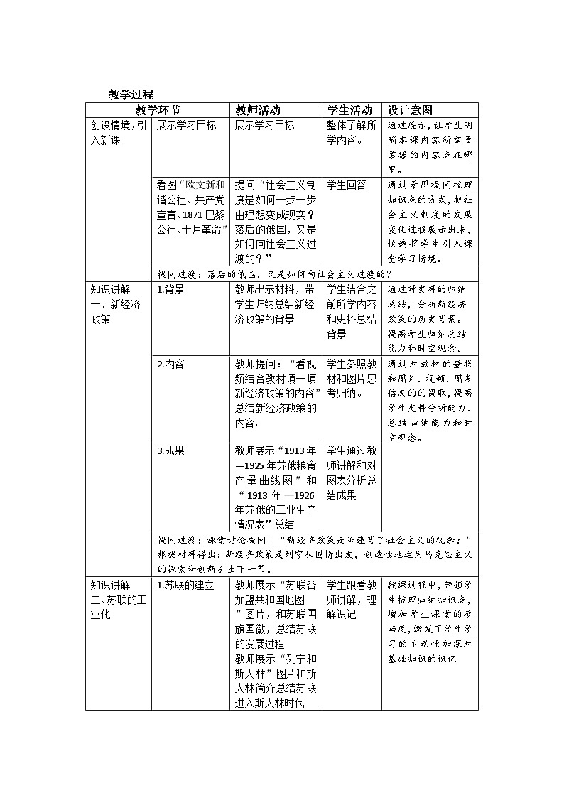 人教部编版九年级下册历史第11课 苏联的社会主义建设 教案（表格式）02