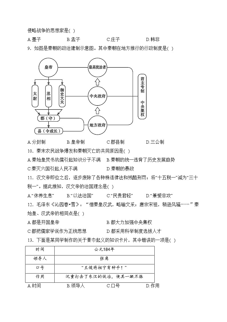 江西省赣州市大余县2023-2024学年七年级上学期期末检测历史试卷(含答案)02