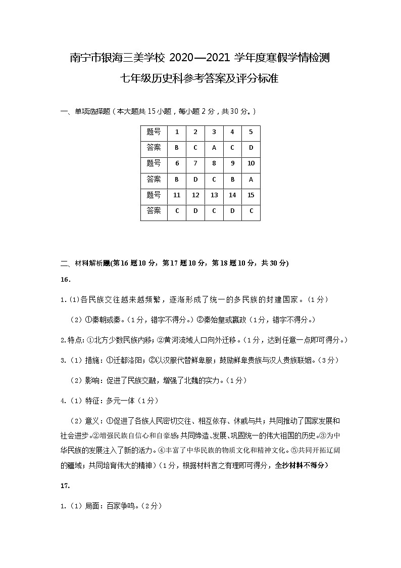 广西南宁市银海三雅学校（原南宁市三美学校银海校区）2020—2021学年七年级下学期开学历史试题01