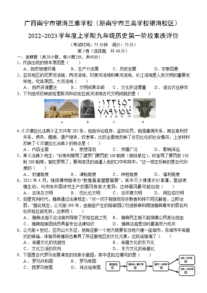 广西南宁市银海三雅学校（原南宁市三美学校银海校区）2022-2023学年九年级上学期第一阶段素质评价历史试题01
