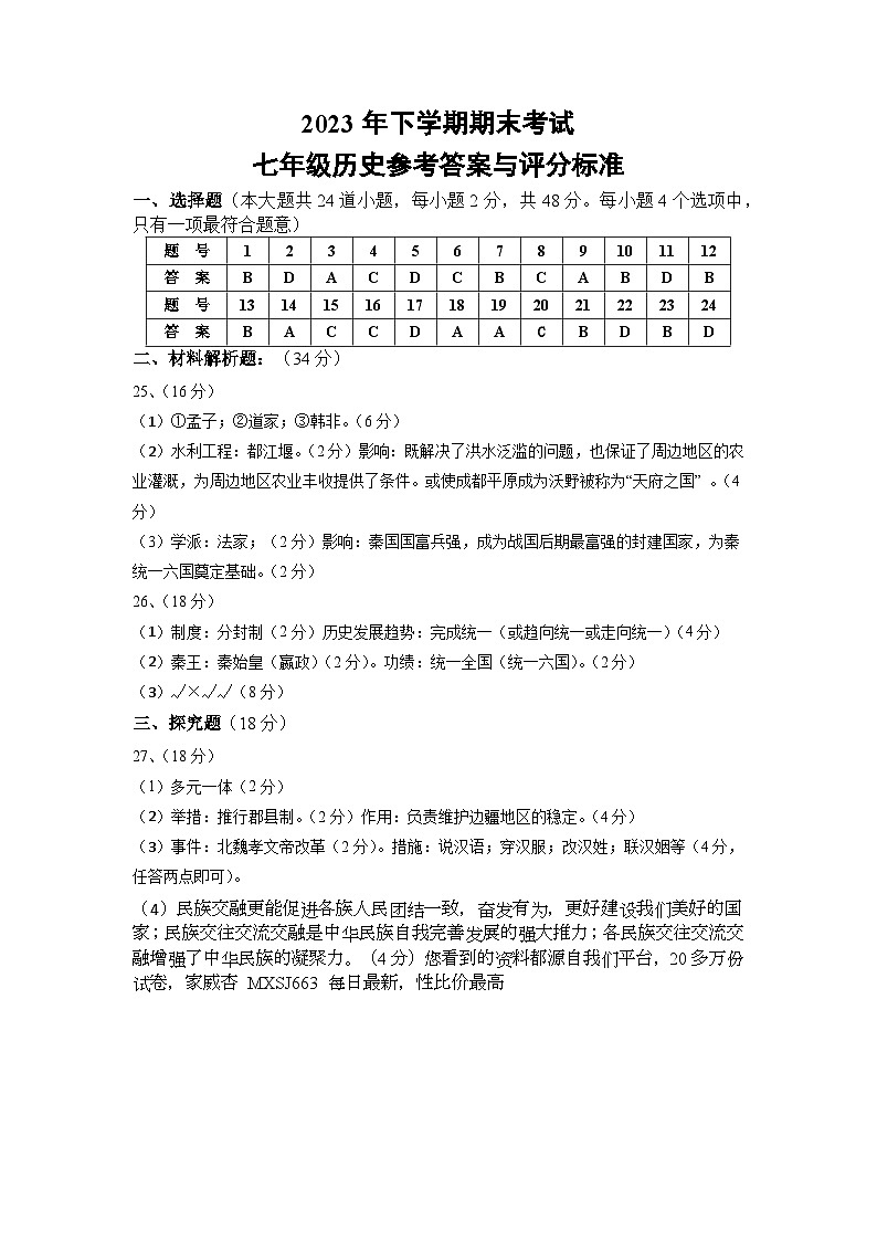 湖南省邵阳市武冈市2023-2024学年七年级上学期期末考试历史试题(1)第1页