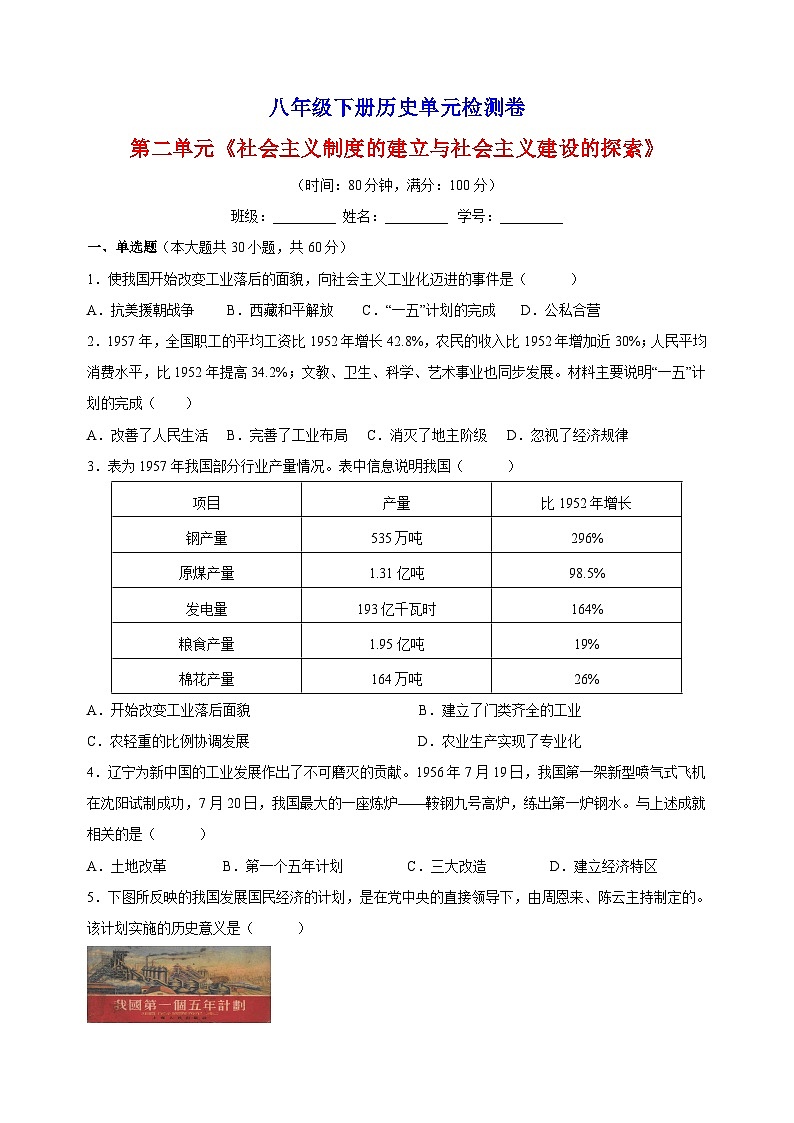 人教部编统编版八年级下册历史第二单元《社会主义制度的建立与社会主义建设的探索》检测卷（含答案解析）01