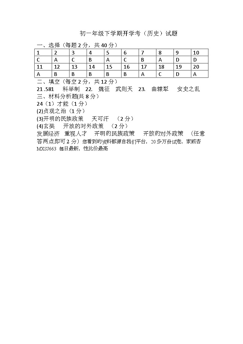 56，山东省聊城市茌平区振兴街道中学2023-2024学年七年级下学期开学考试历史试题01
