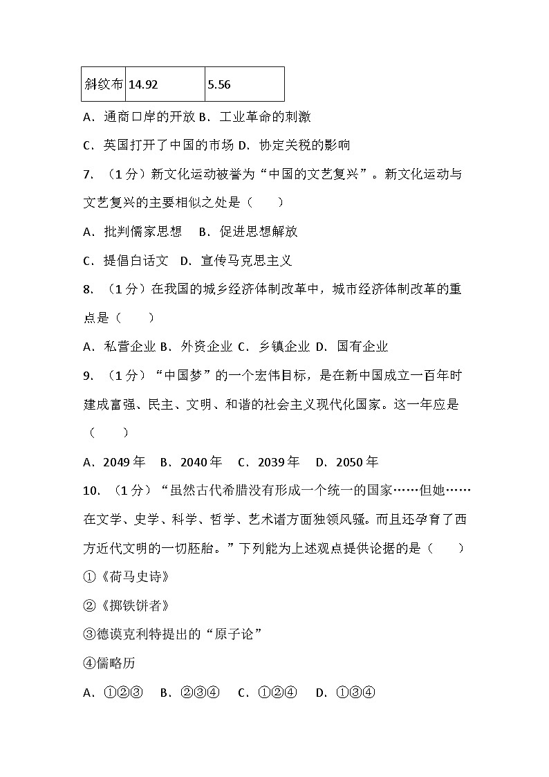 73，四川省乐山市沐川县2024年中考历史一模模拟测试试卷03