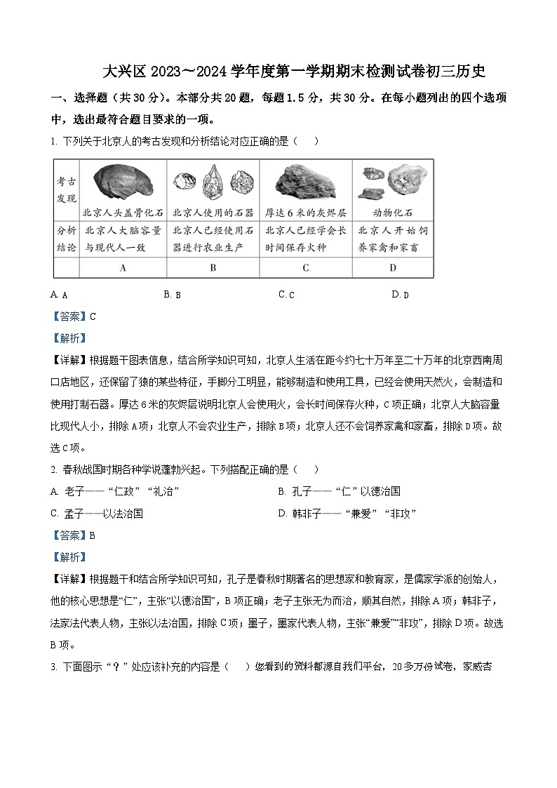 123，北京市大兴区2023-2024学年九年级上学期期末历史试题第1页