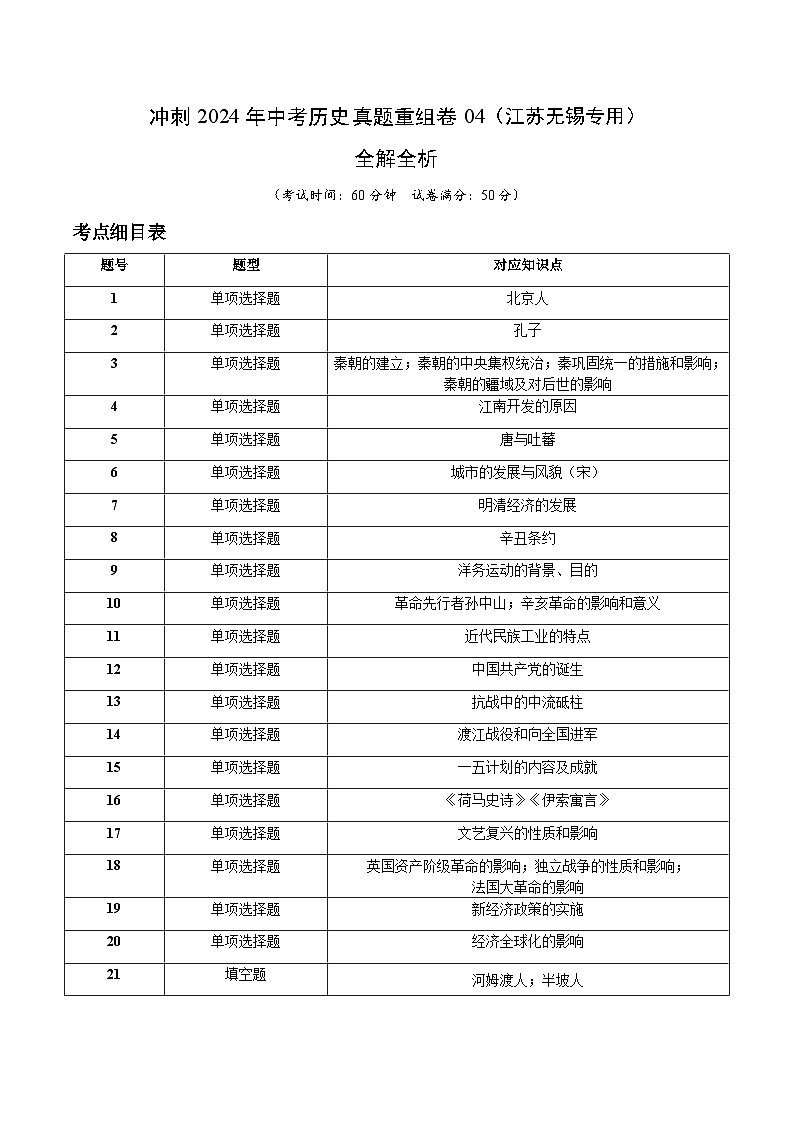 真题重组卷04（无锡专用）-+冲刺2024年中考历史真题重组卷（江苏专用）01