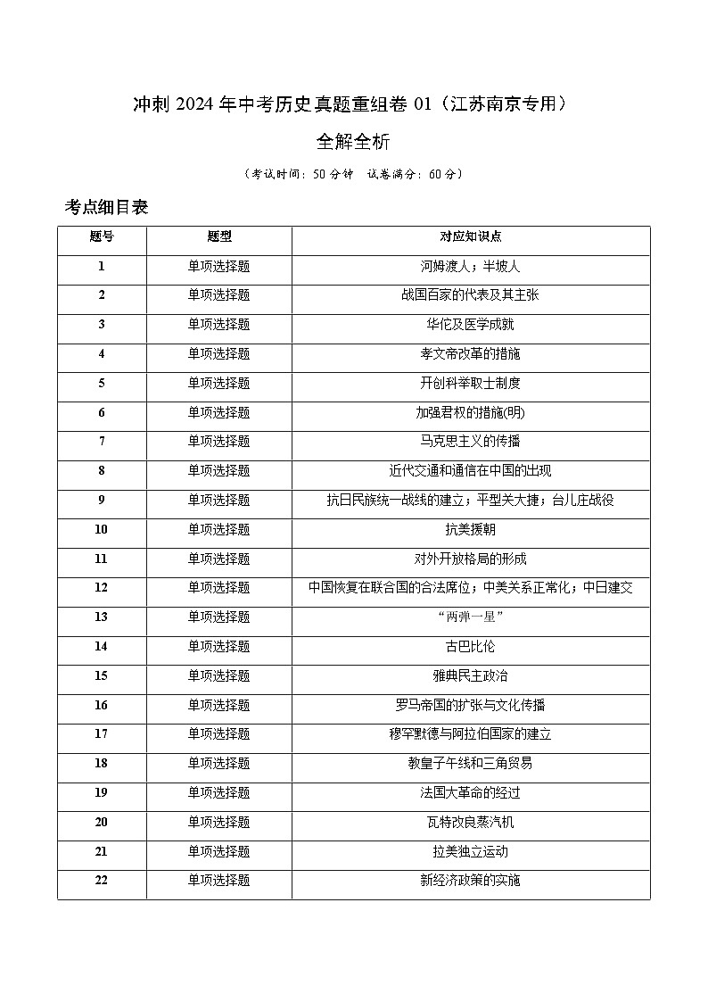 真题重组卷01（南京专用）-+冲刺2024年中考历史真题重组卷（江苏专用）01