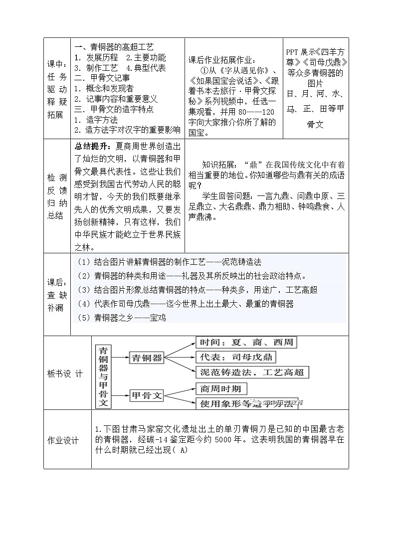 2.5+青铜器与甲骨文++导学案++2023-2024学年统编版七年级历史上册02