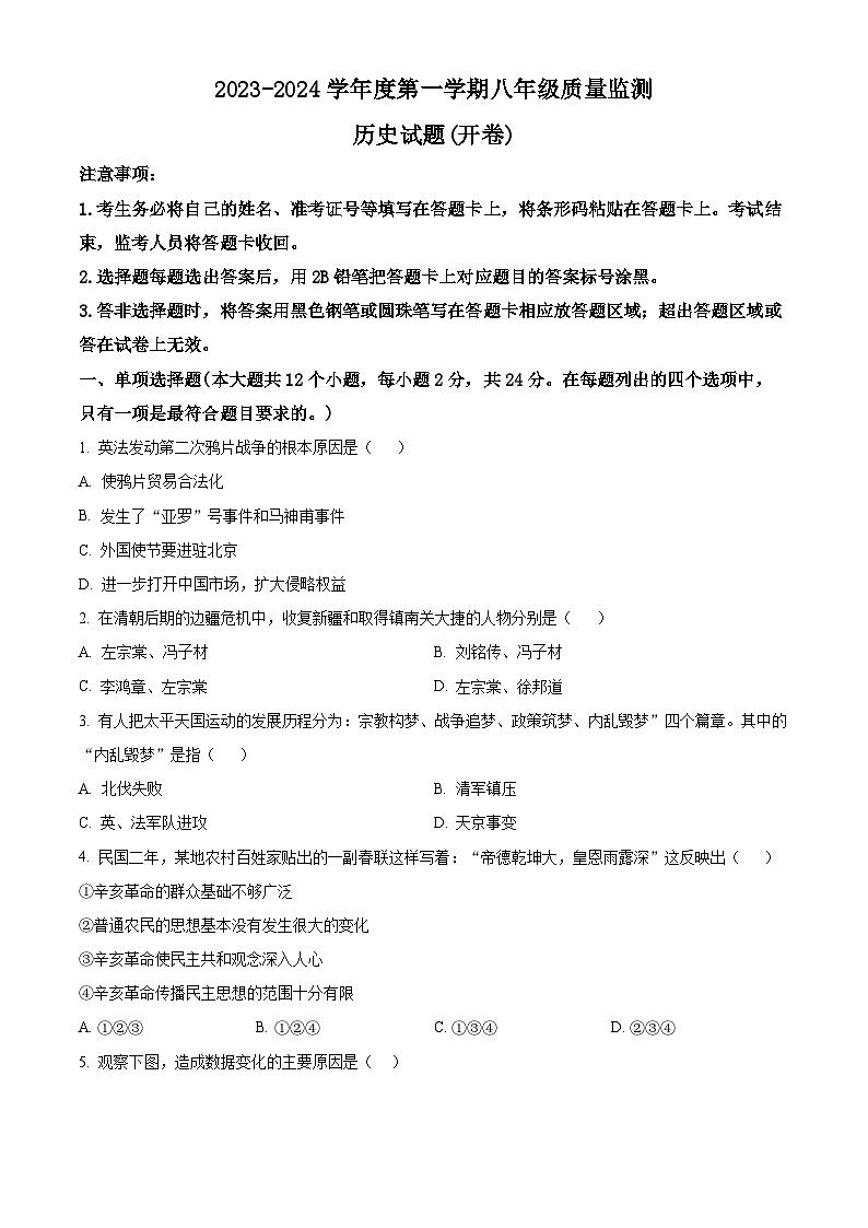 精品解析：河北省雄安新区2023-2024学年八年级上学期期末历史试题（原卷版）第1页