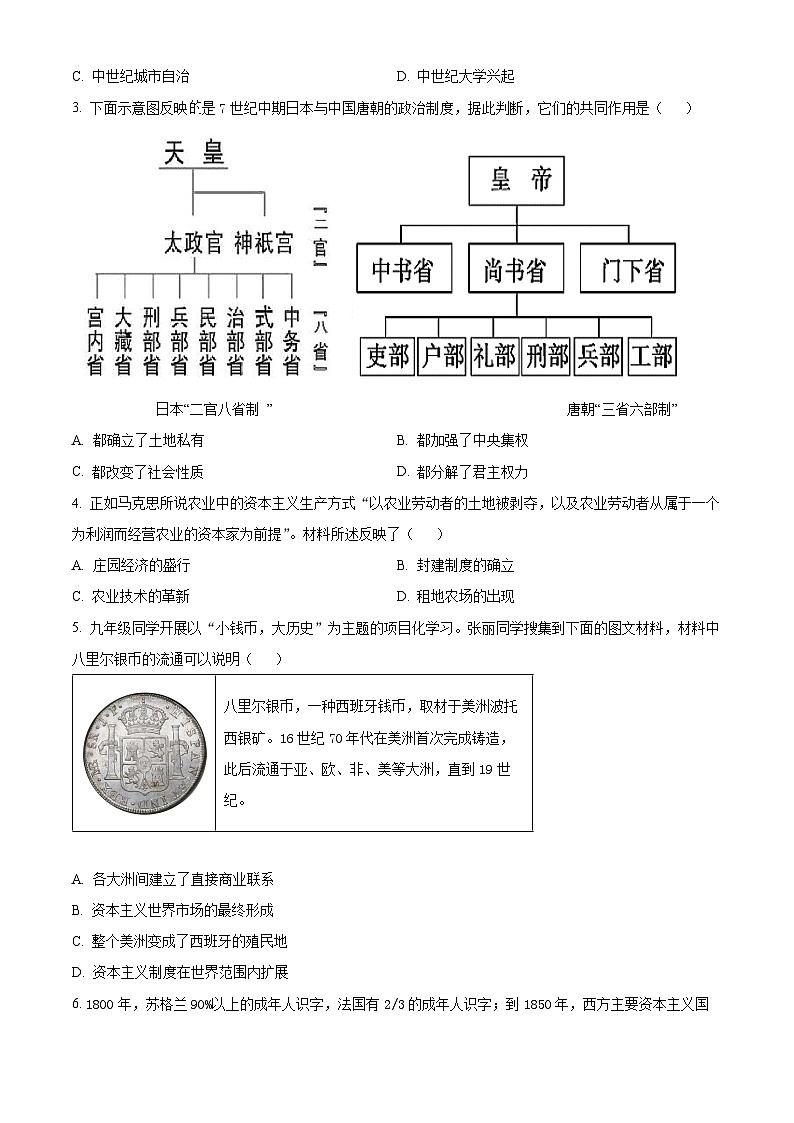 山西省太原市2023-2024学年九年级上学期期末历史试题（原卷版+解析版）02