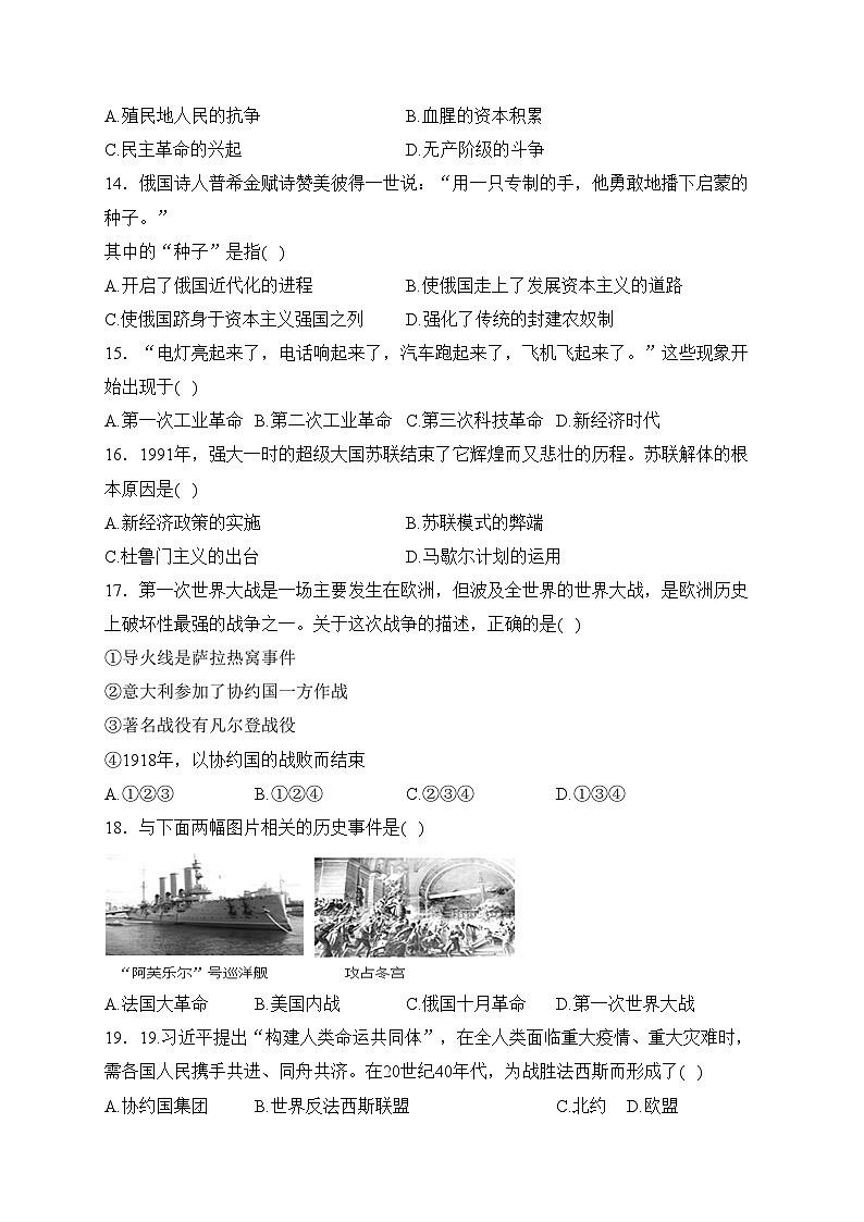 山东省济南市济阳区2023届九年级上学期期末检测历史试卷(含答案)第3页