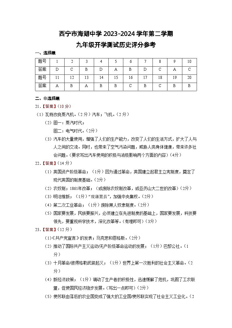 青海省西宁市海湖中学2023-2024学年九年级下学期开学考试历史试卷第1页