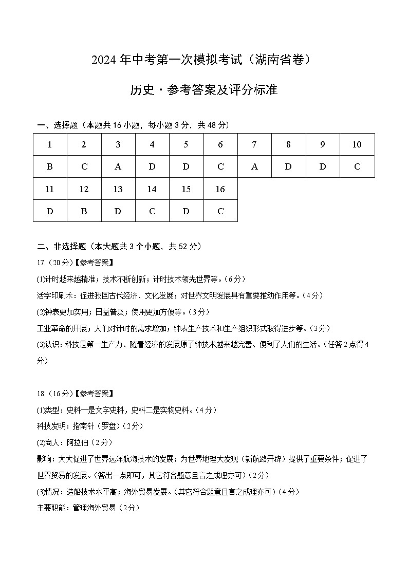 2024年初三中考第一次模拟考试试题：历史（湖南省卷）（参考答案及评分标准）01