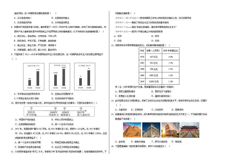 2024年初三中考第一次模拟考试试题：历史（南京卷）（考试版A3）02