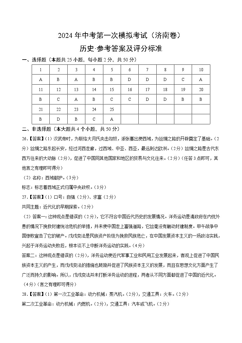 2024年初三中考第一次模拟考试试题：历史（山东济南卷）（参考答案及评分标准）第1页