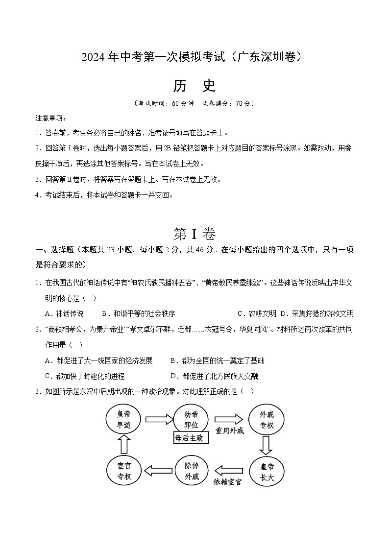 2024年初三中考第一次模拟考试试题：历史（广东深圳卷）（考试版A4）第1页