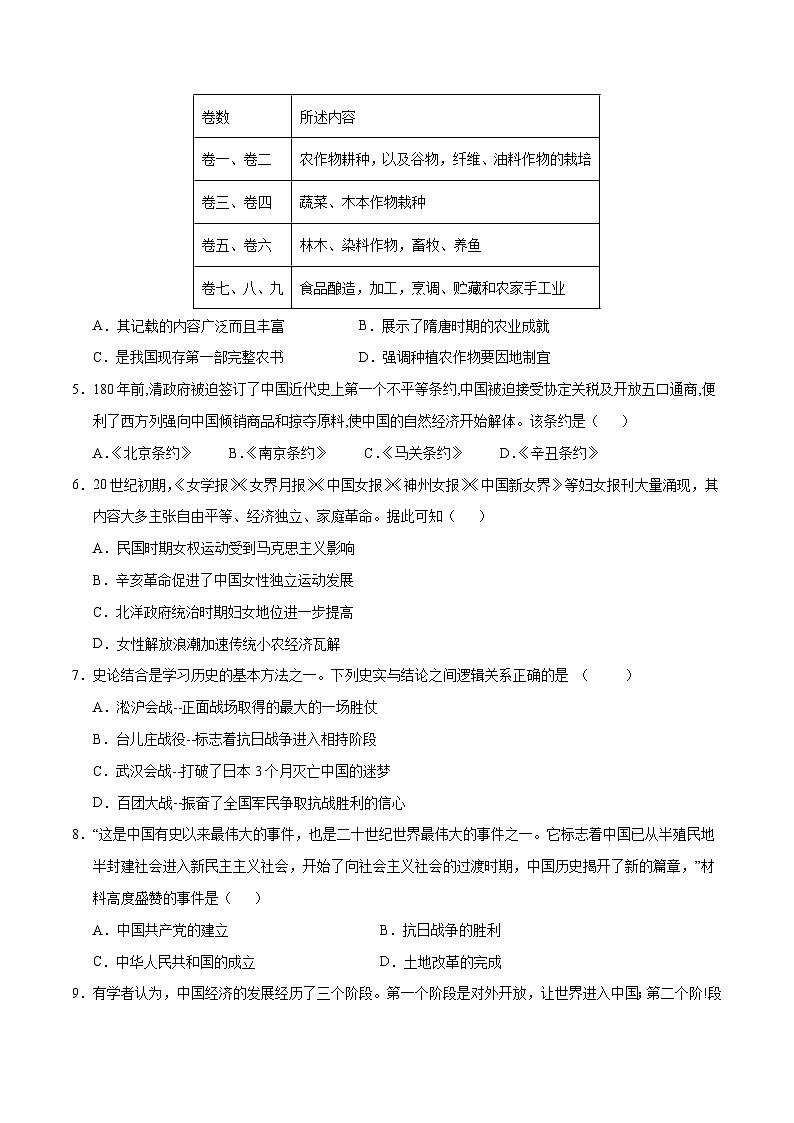 2024年初三中考第一次模拟考试试题：历史（广西卷）（考试版A4）02