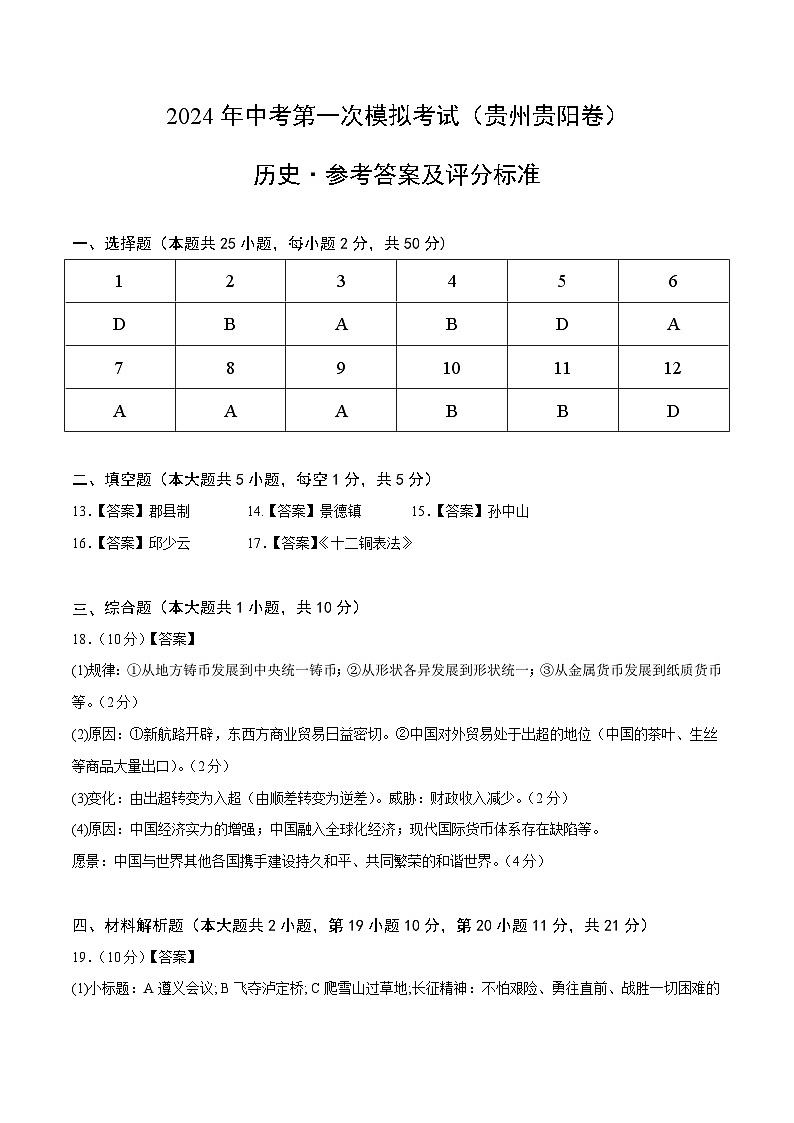 2024年初三中考第一次模拟考试试题：历史（贵州贵阳卷）（参考答案及评分标准）01