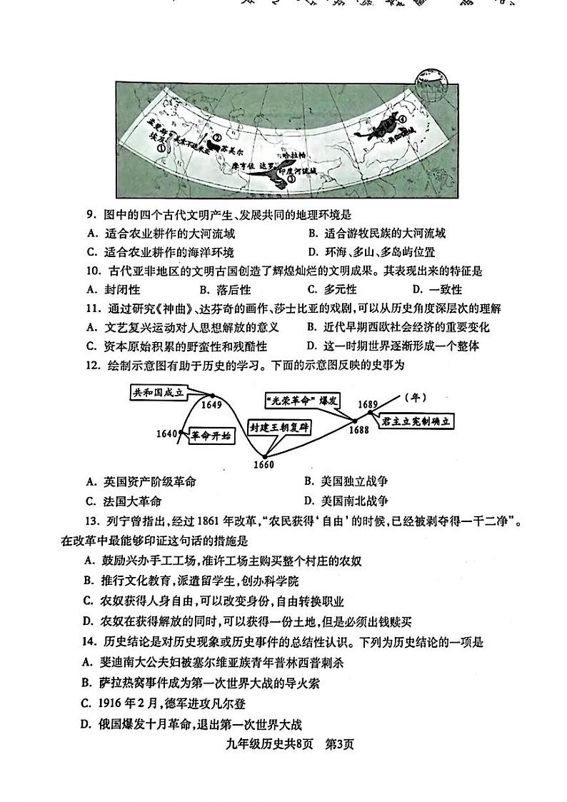 辽宁省沈阳市浑南区2023—2024学年部编版九年级下学期期初模拟测试历史试题03