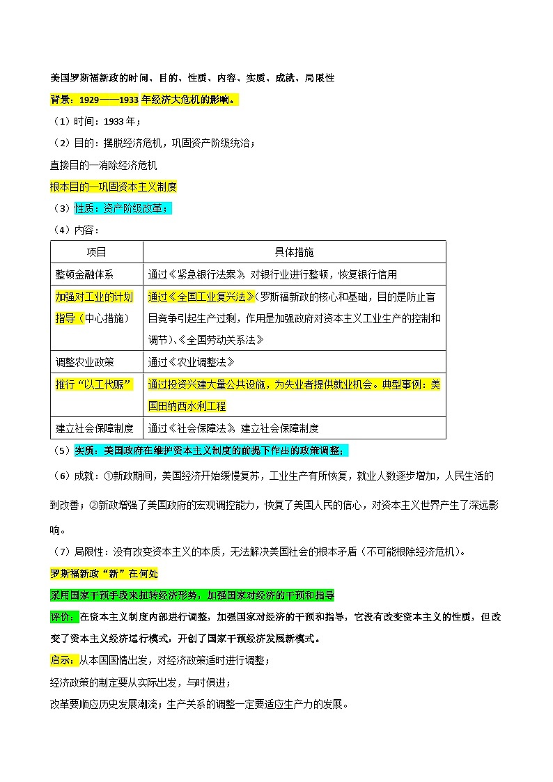 最新中考历史三轮冲刺过关（讲义） 查补易混易错点11  罗斯福新政与新经济政策03