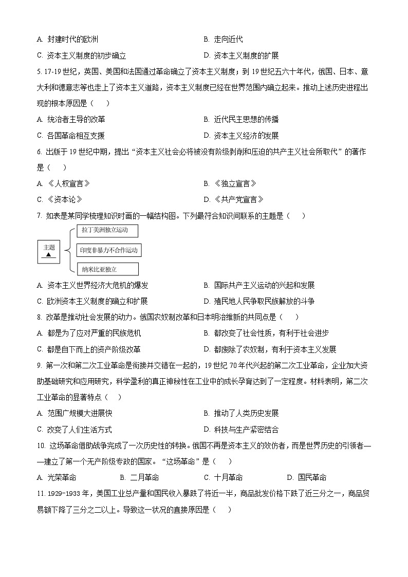 精品解析：2024年山西省晋中市昔阳县中考一模历史试题（原卷版）第2页