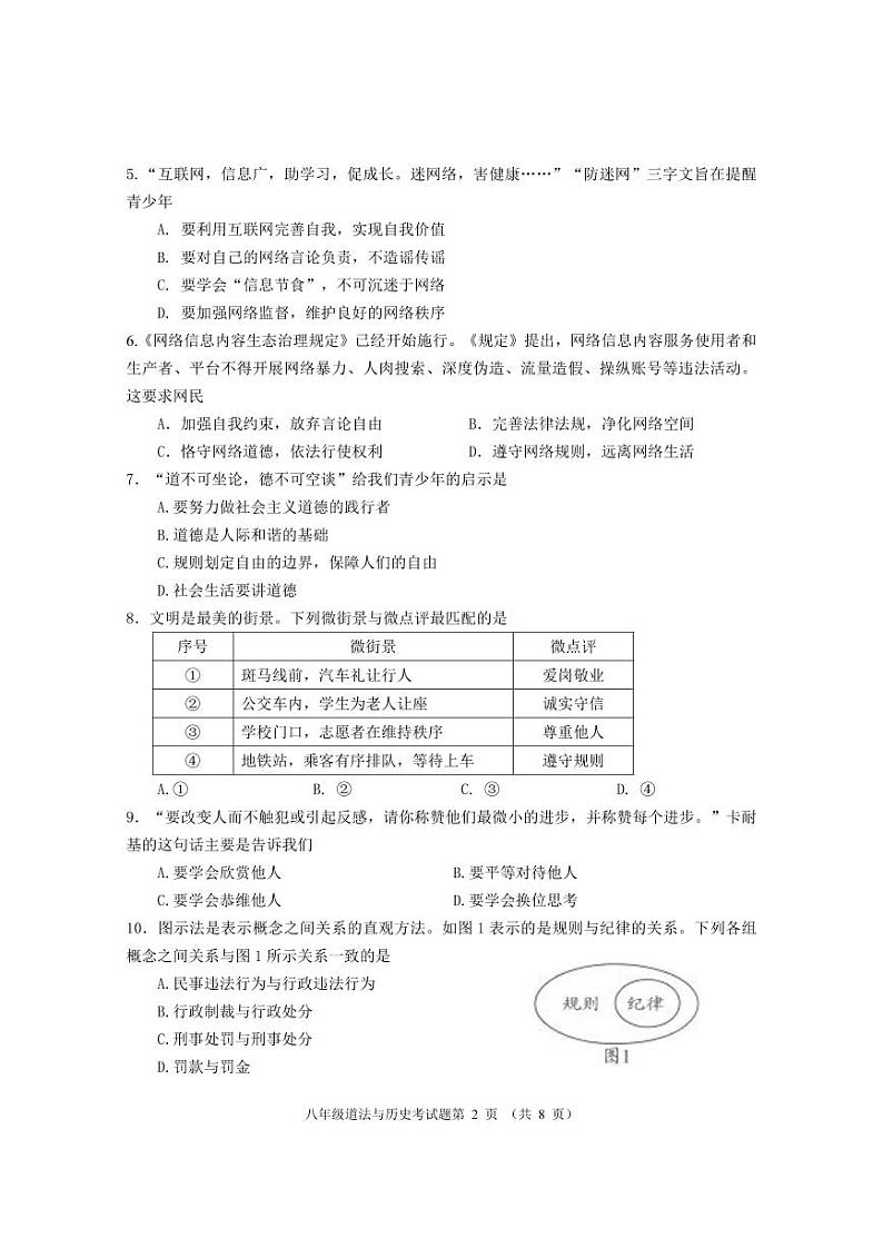 湖北省武汉市蔡甸区2022-2023学年度年期中八年级上学期道德与法治、历史试合卷（02