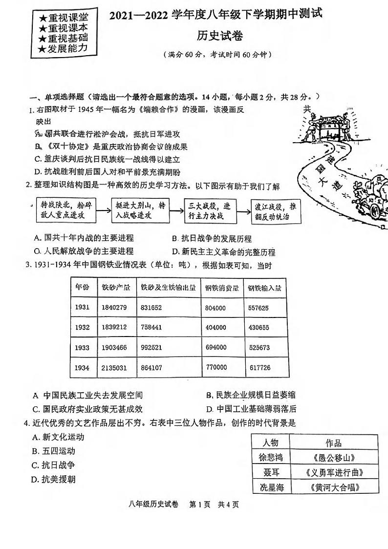 湖北省武汉市武珞路中学2021-2022学年下学期期中考试八年级历史试题第1页