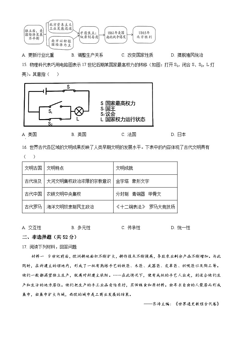 精品解析：湖南省益阳市赫山区箴言龙光桥学校2023-2024学年九年级下学期开学考试历史试题（原卷版）第3页
