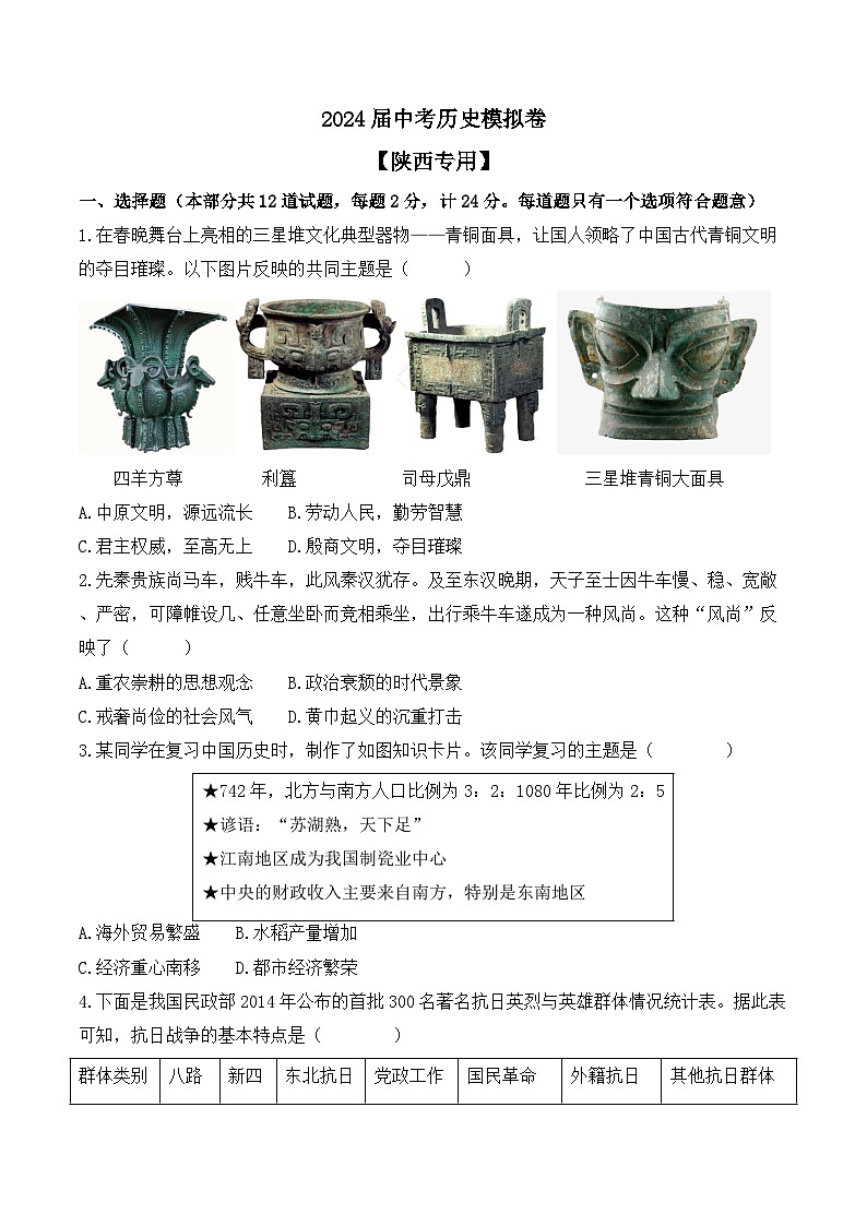 2024届中考历史模拟卷 【陕西专用】01
