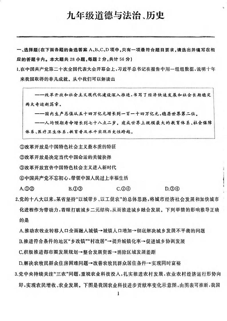 湖北省武汉市江岸区2023-2024学年上学期期中九年级道法历史试卷01