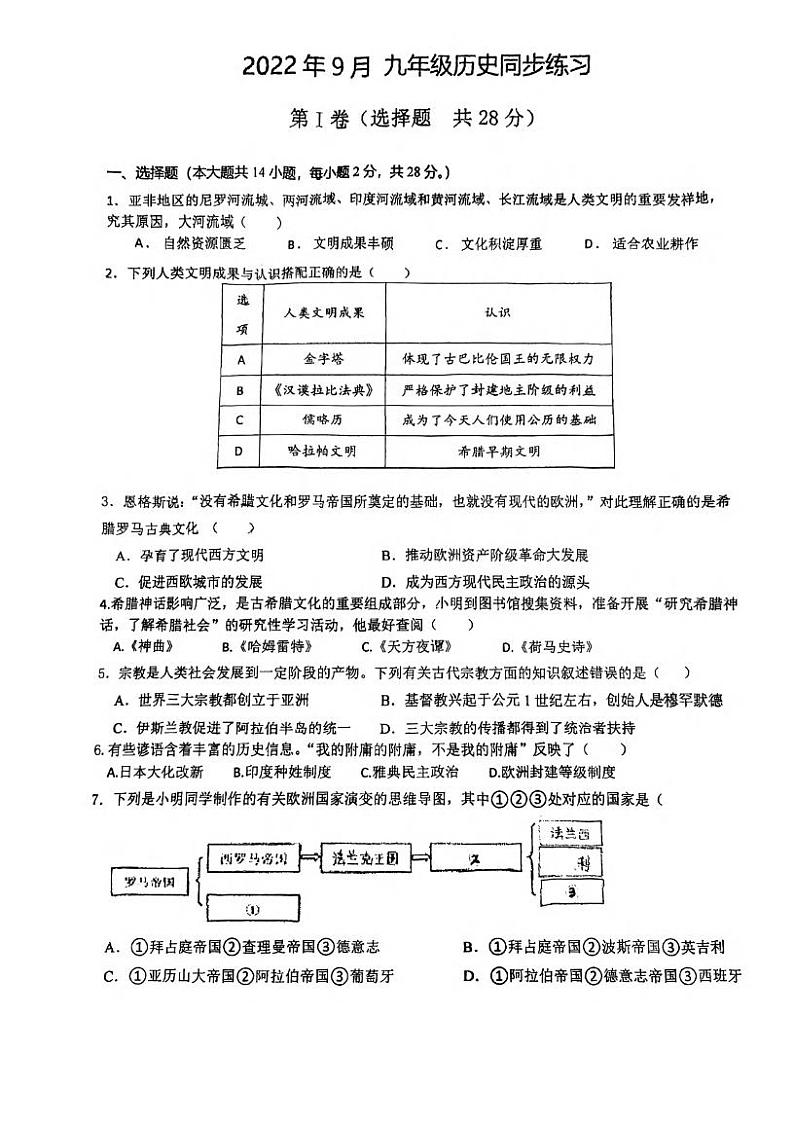 湖北省武汉市一初慧泉中学2022-2023学年度9月月考九年级历史试题第1页