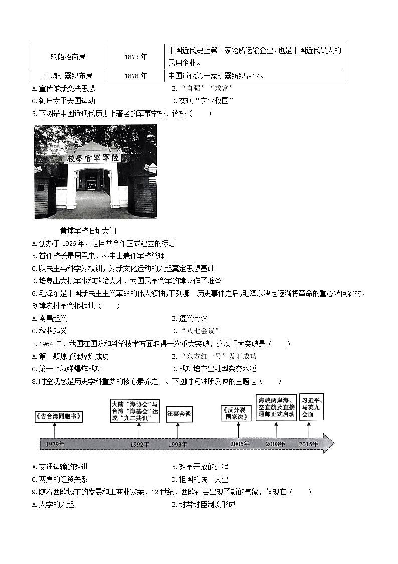 2024年陕西省咸阳市秦都区咸阳方圆学校中考模拟预测历史试题02