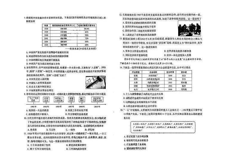 山西省大同市多校2023-2024学年九年级中考学科素养自主测评（一）历史试卷第2页