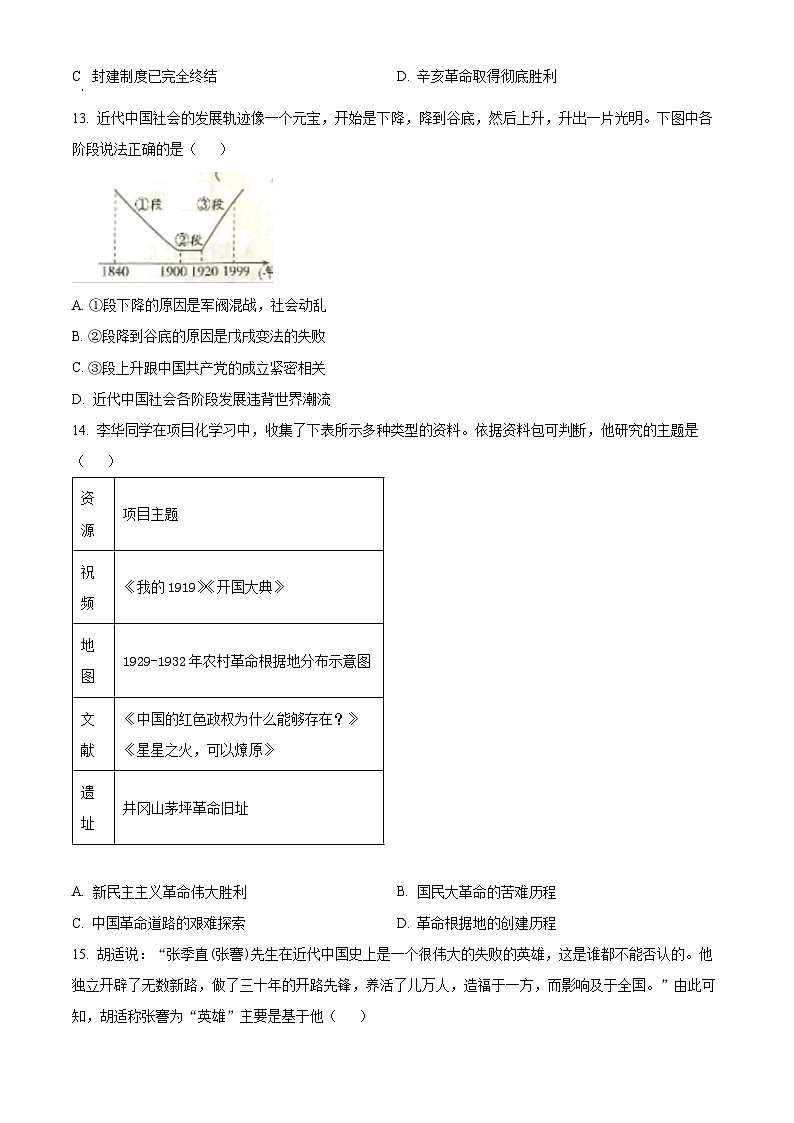 2024年广东省茂名市高州市第一中学附属实验中学中考一模历史试题（原卷版+解析版）03