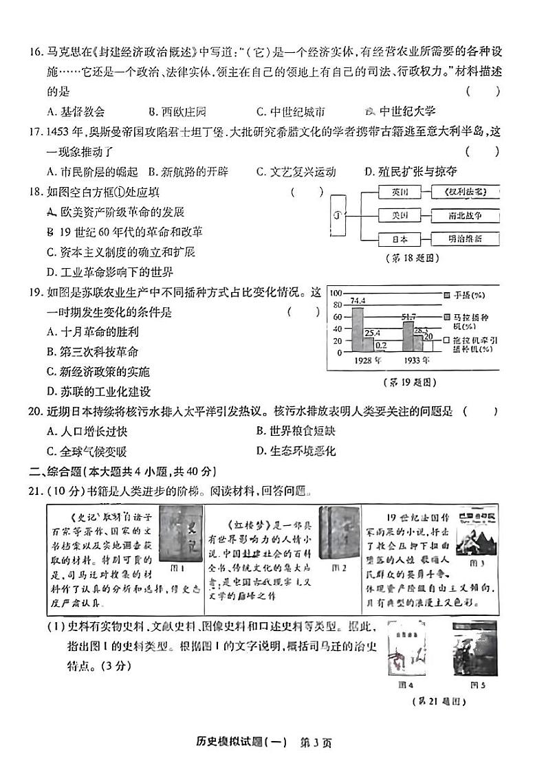 江西省大余县南安中学2024年九年级一模历史试题03